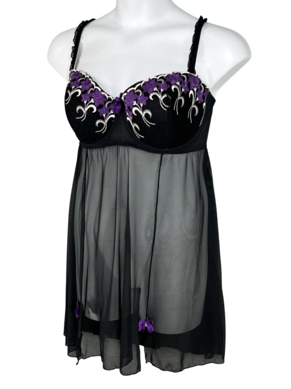 Cacique Black Sheer Babydoll Lingerie 26/28 Embroidered Lace Mesh Nightgown